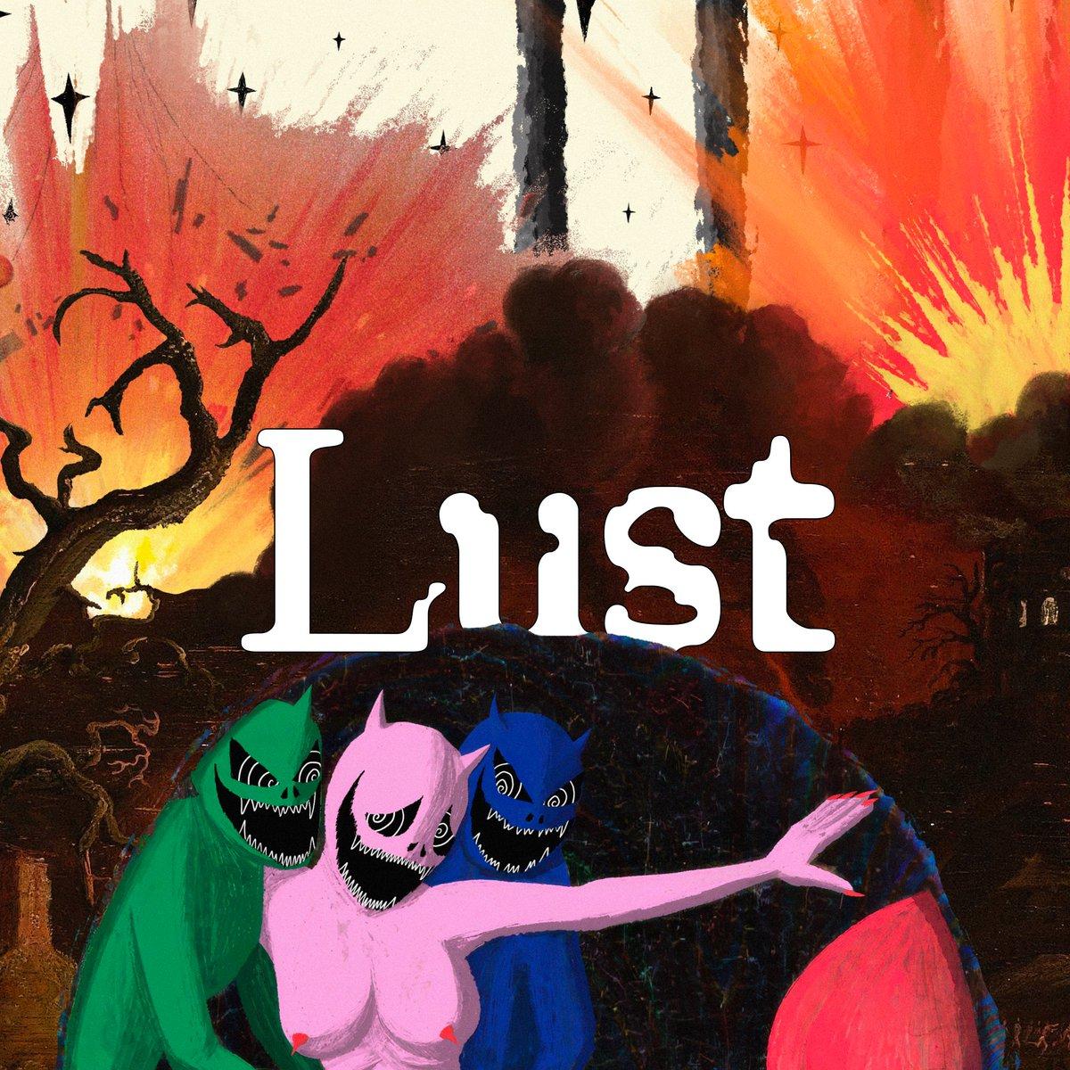 Lust. Three demons (green pink and blue) in front of an explosive background.