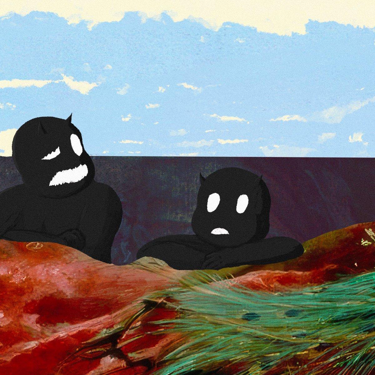 Two black demons look at each other inquisitively.