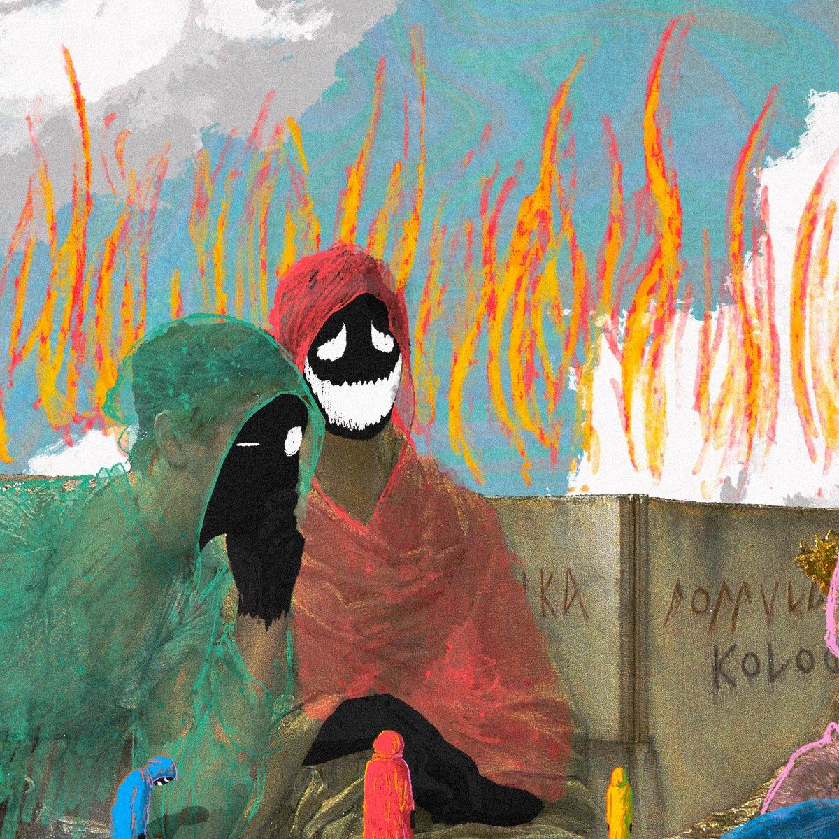 Two friends look inquisitively at one another, flames rising behind them.