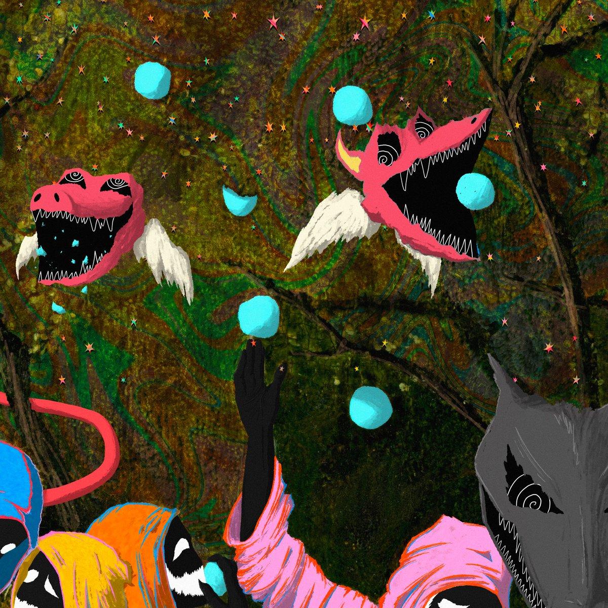 Two illustrated flying red demon heads float around eating floating cyan balls