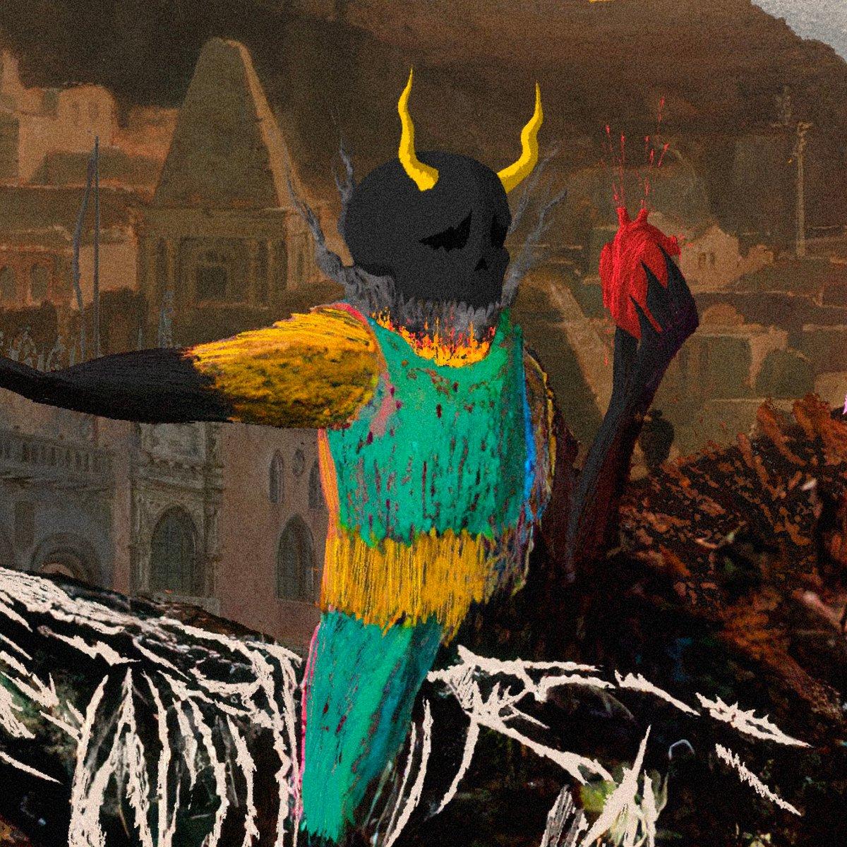 An animated black skeletal human-like creature sits on a black horse holding a bleeding heart.