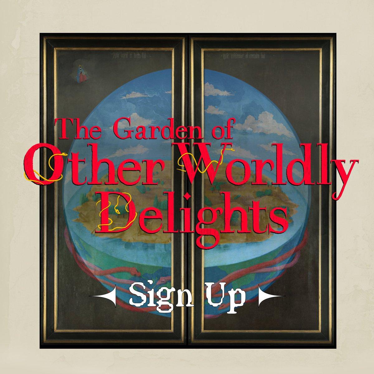 The words "The Garden of Other Wordly Delights" and sign up in front of two doors with artwork on a globe behind it.