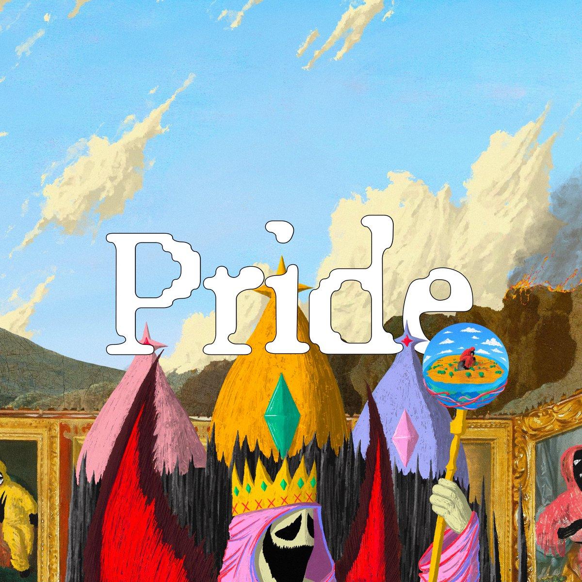 The King of Nothing, a fiend with a gold bejeweled crown, sits atop his throne holder a sceptre. The word "Pride" is above him.