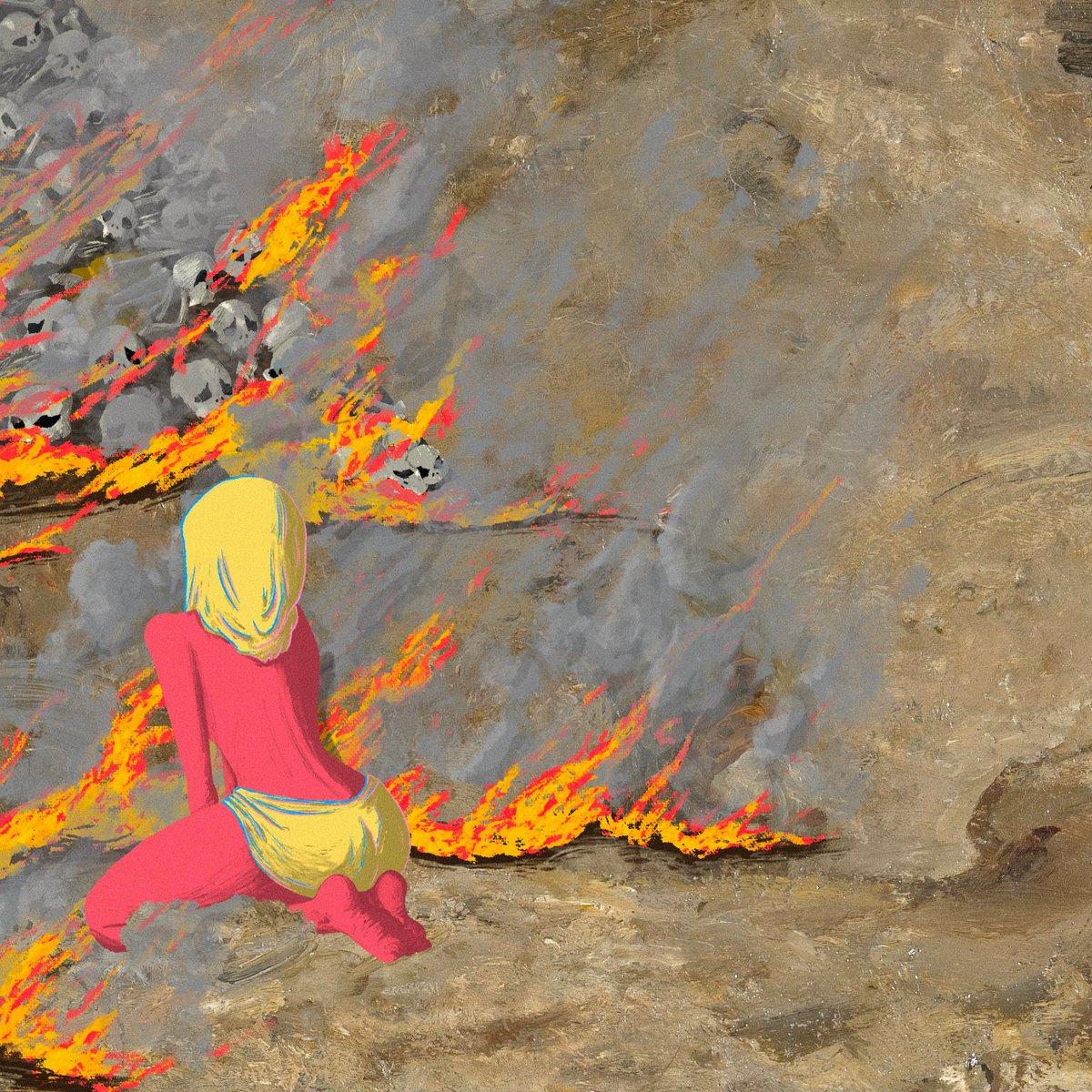 A red-skinned fiend kneels amidst flaming ask with skulls in the distance.